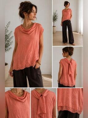 100% Silk High Low Blouse Tie Back Bow Cowl Neck Asym Pink Flowy Boho XL XXL